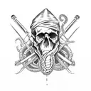 skull with dagger through it from top to bottom. snakes around it. ocean theme tattoo design idea