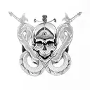 skull with dagger through it from top to bottom. snakes around it. ocean theme tattoo design idea