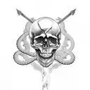 skull with dagger through it from top to bottom. snakes around it. ocean theme tattoo design idea