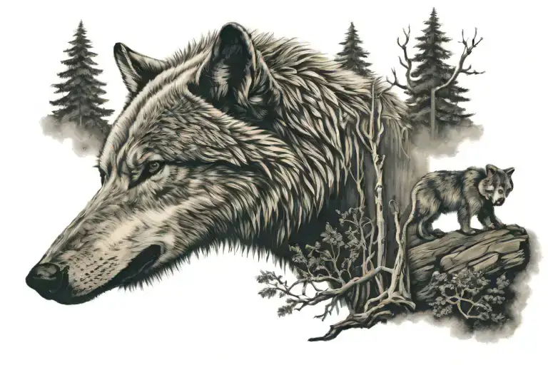 wolf bear forest scene tattoo design idea