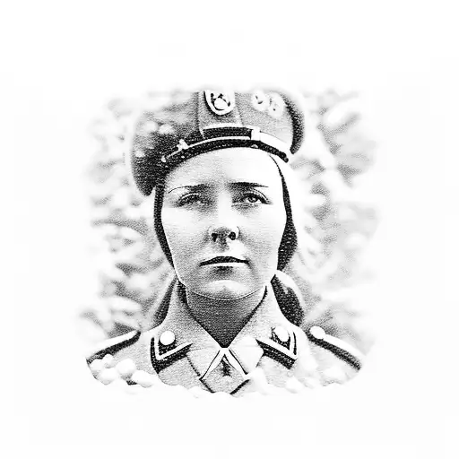 A female Soviet soldier in uniform, standing in a snowy forest on the eastern front of WWII tattoo design idea