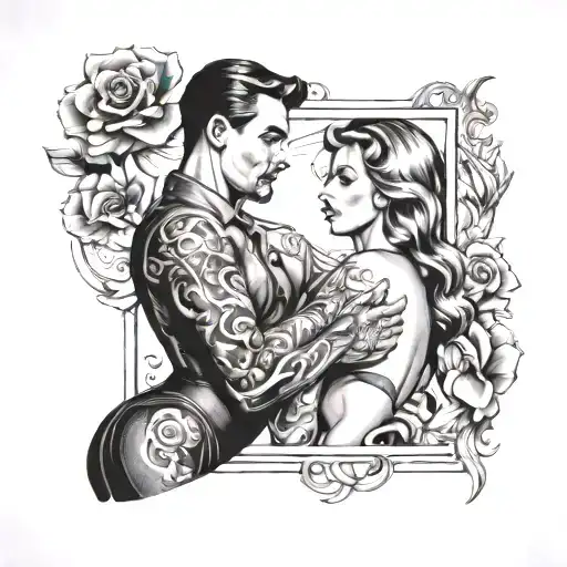 Soviet kompromat tattoo inspired by the Cold War where a young female KGB agent in black lingerie is seducing a man  tattoo design idea