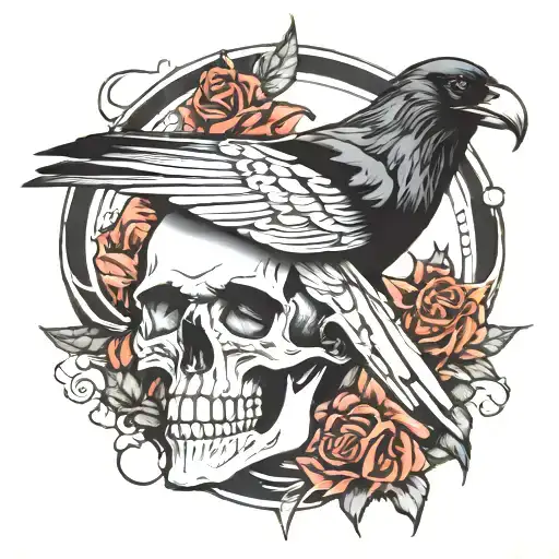 raven and skull tattoo design idea
