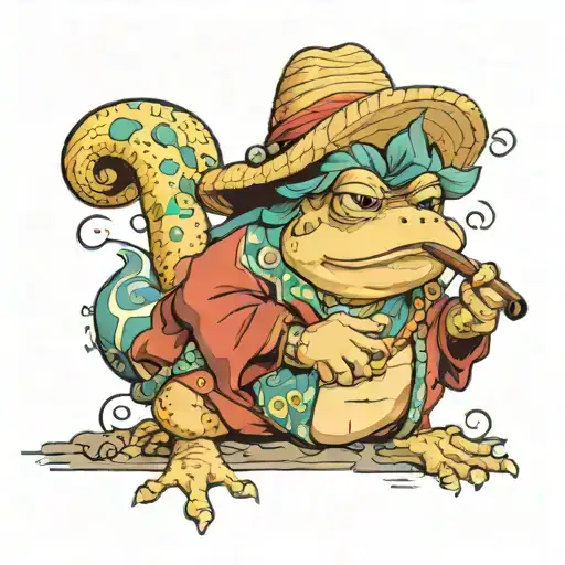 toad sage in colorful robe, earth toned skin, wise eyes, relaxed expression, a straw hat, smoking a pipe, holding a walk tattoo design idea