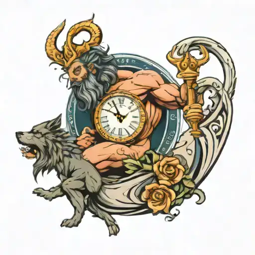 poseidon holding the trident on top of wolf inbedded in clock tattoo design idea