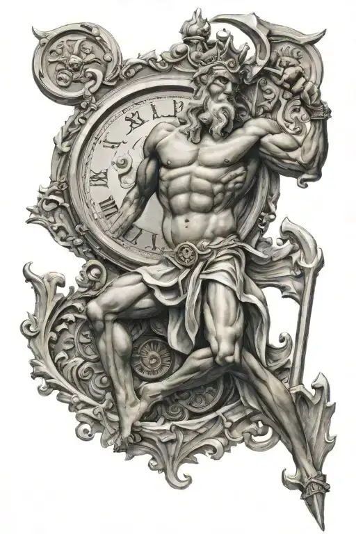 poseidon holding the trident imbedded in clock tattoo design idea