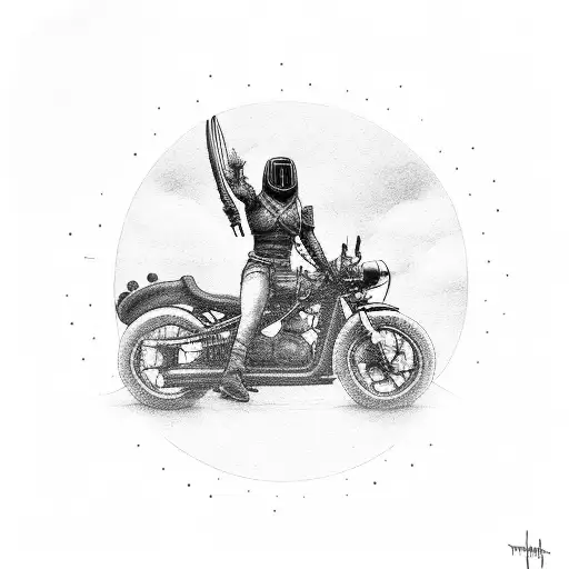 A warrior riding a motorcycle into the sunset tattoo design idea