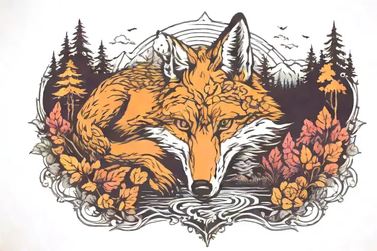 fox wolf forest river mountain tattoo design idea