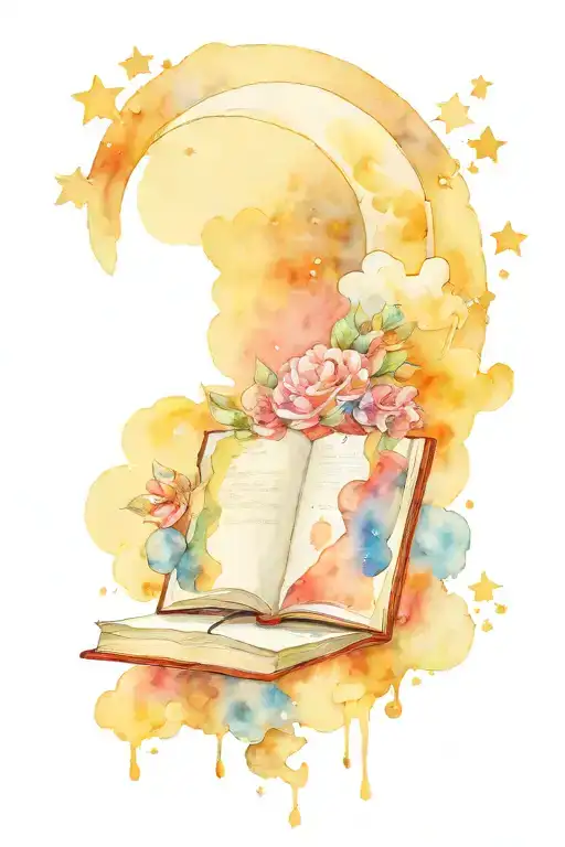 book open with moon stars clouds surrounding tattoo design idea
