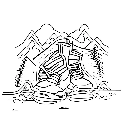 A minimalist tattoo of a hiking boot stepping onto a rugged path leading into the unknown tattoo design idea