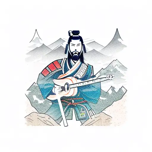 A samurai warrior playing a guitar on a mountain peak tattoo design idea