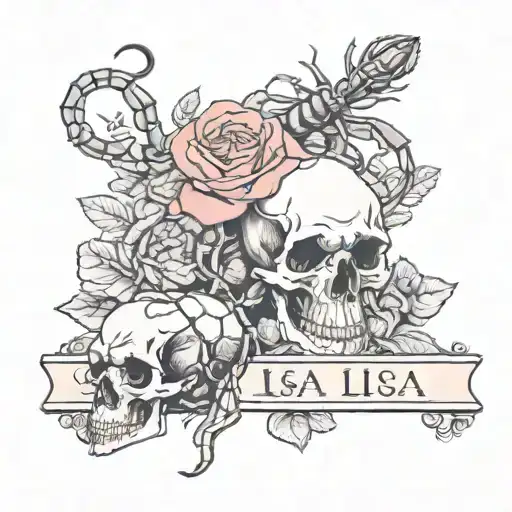 a scorpion next to a rose with the name Lisa with a hidden face of a skull in the background  tattoo design idea