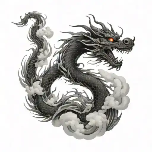A chinese dragon weaving between clouds and smoke  tattoo design idea