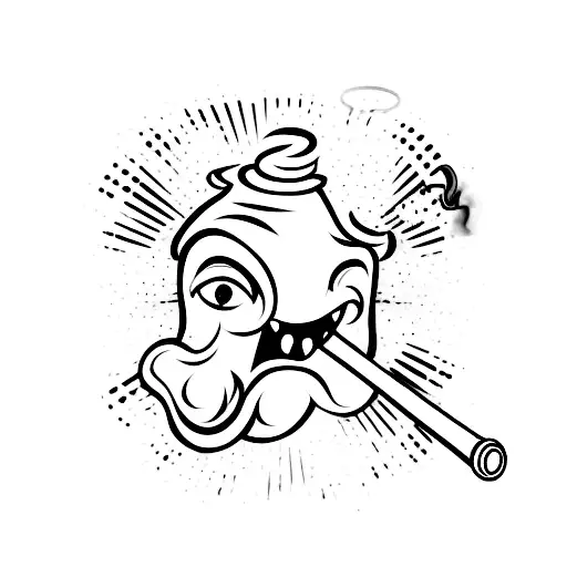 Smily face with smoke and a meth pipe hanging out of mouth tattoo design idea