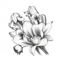 small flower bouquet with 1 lily of the valley, 1 rose, 1 daffodil, 1 poppy, and 2 violets tattoo design idea