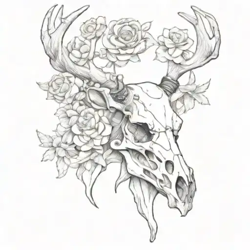 Deer skull with flowers on its horns rebreather diver tattoo design idea