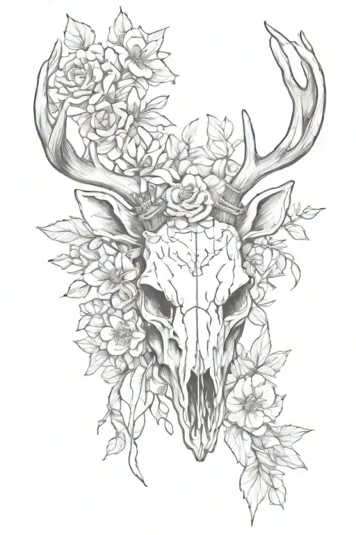 Deer skull with flowers on its horns tattoo design idea