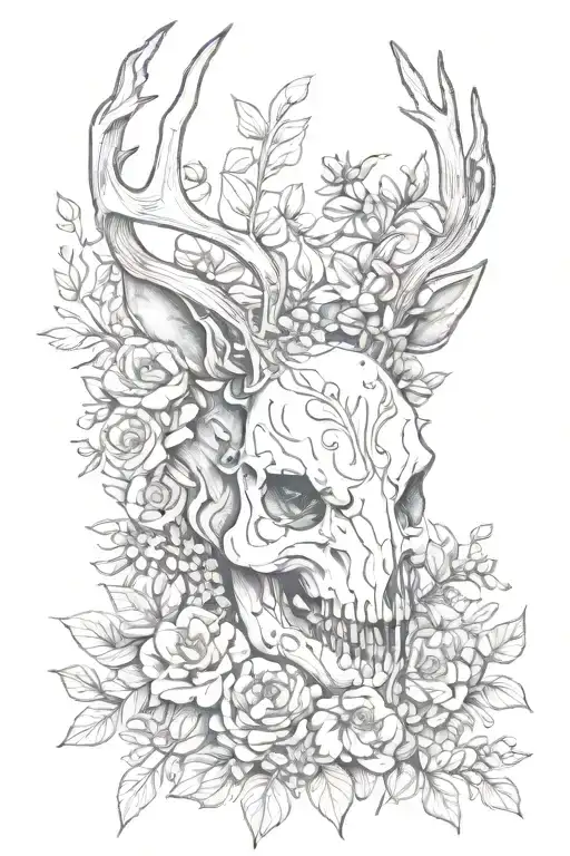 The skull of a deer on which flowers grow tattoo design idea