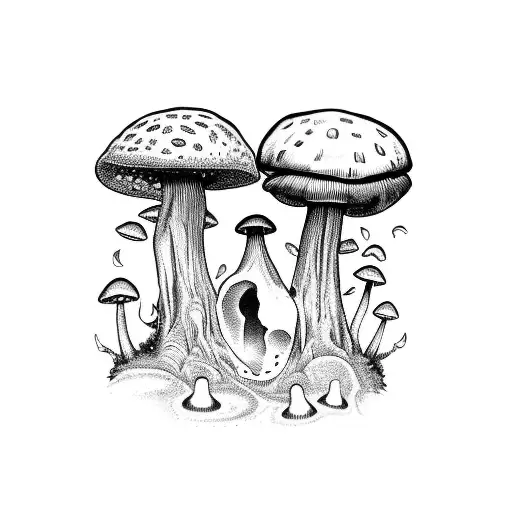 A keyhole carved into a tree trunk, revealing a magical mushroom-filled world inside tattoo design idea