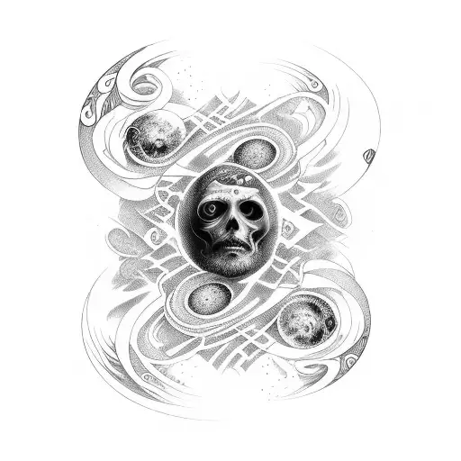 A surreal tattoo design featuring a surfer gliding through a psychedelic universe with black hole portals tattoo design idea