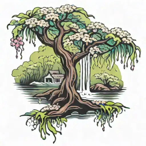 weeping cherry tree life and death river flowing tattoo design idea