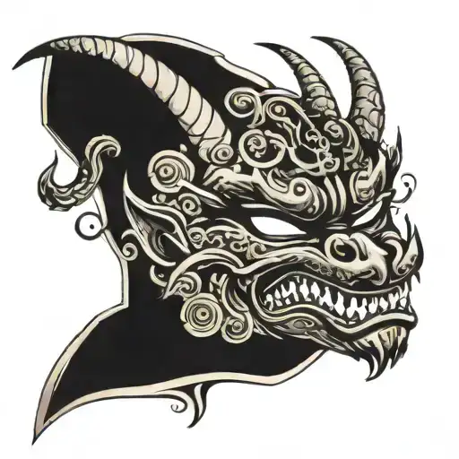 Evil japanese style mask with horns and dragon  tattoo design idea