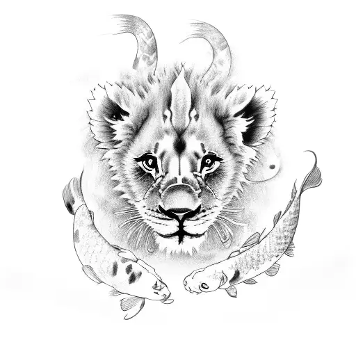 lion cub with two koi fish and Aquarius water sign tattoo design idea