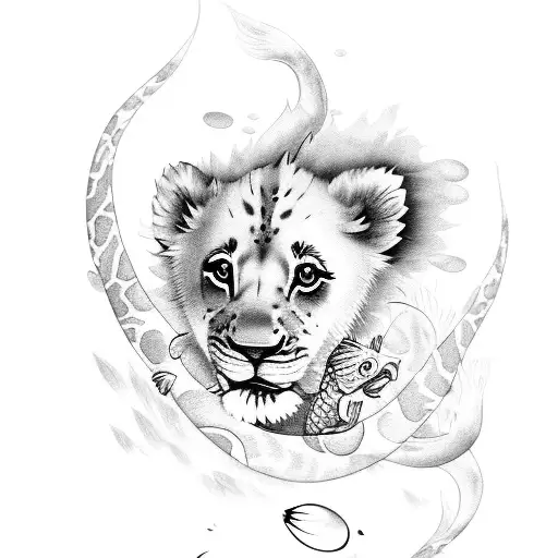 lion cub with two koi fish and Aquarius water scent tattoo design idea