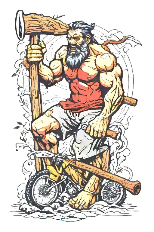 large samson man swinging an ax sweating and crying tears of a tree, bike & blood tattoo design idea