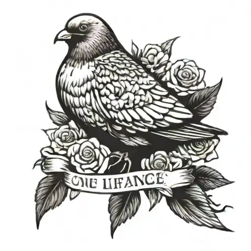 Illustrate a pigeon carrying a banner that reads 'One life, one chance' in its beak, surrounded by roses tattoo design idea