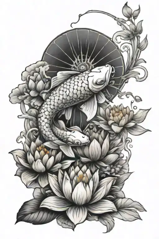 koi fish lotus flower and woman tattoo design idea