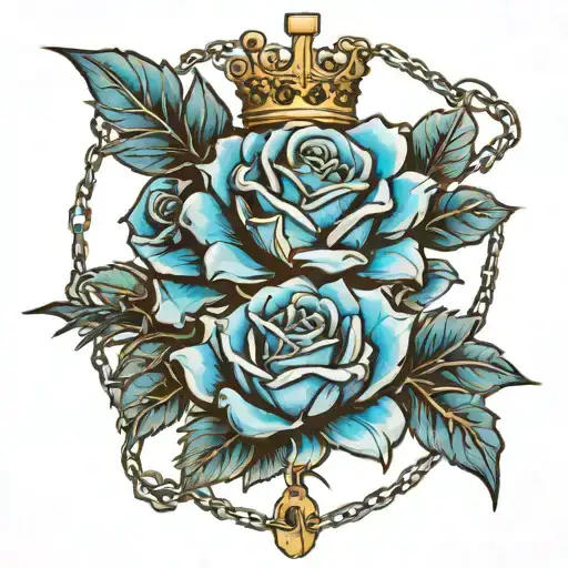 Blue Roses with spines and crown locked with a lock and chains tattoo design idea