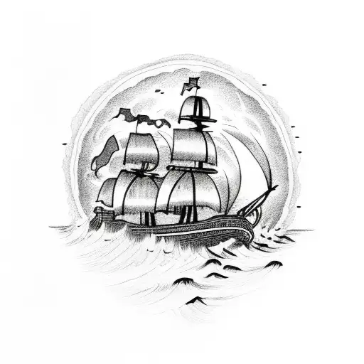 pirate ship on rough seas with full moon being dragged under by sea monster tattoo design idea