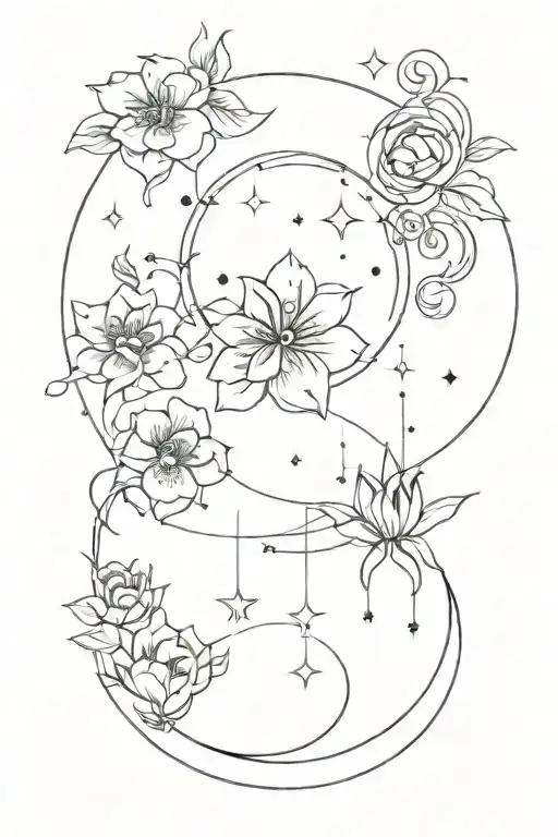 constellation of cancer with flowers, a mobile of a crescent moon, Saturn, and mercury hanging from the constellation tattoo design idea