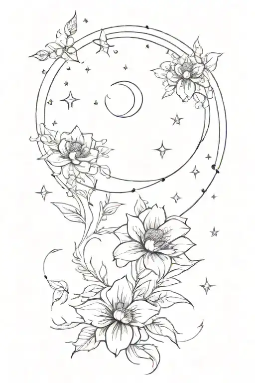 constellation for cancer with flowers, a mobile of a crescent moon, Saturn, and mercury hanging from the constellation tattoo design idea