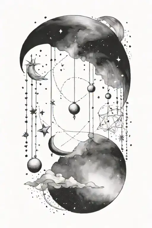 Using the constellation for cancer, make a mobile of a crescent moon, Saturn, and mercury hanging from the constellation tattoo design idea