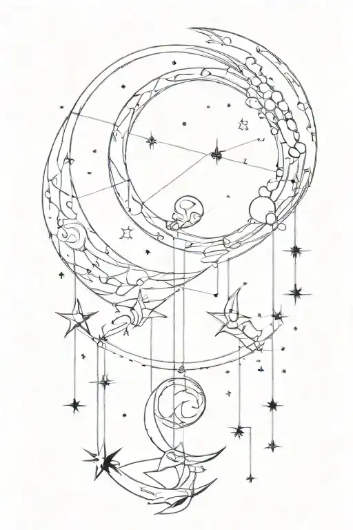 Using the constellation for cancer, make a mobile of a crescent moon, Saturn, and mercury hanging from the constellation tattoo design idea