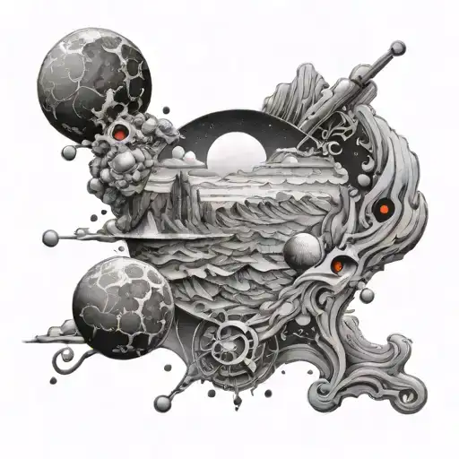A lunar landscape with hidden symbols of Mars and Mercury scattered throughout tattoo design idea