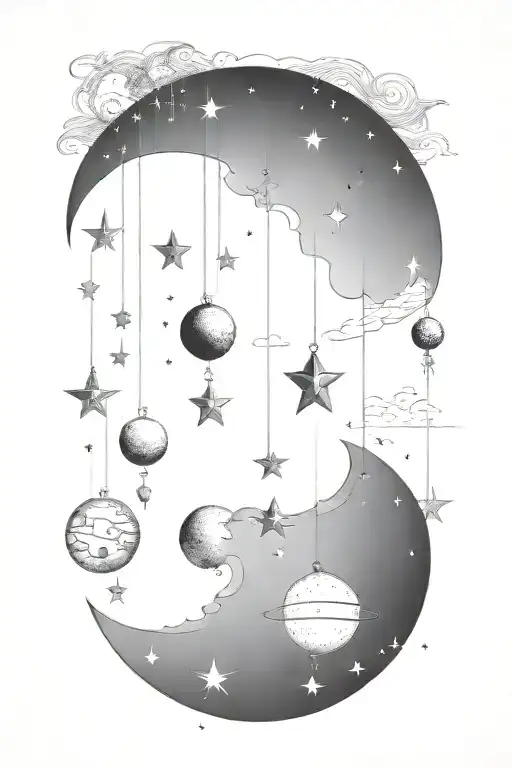 Using the constellation for cancer, make a mobile of a crescent moon, Saturn, and mercury hanging from the constellation tattoo design idea
