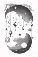 Using the constellation for cancer, make a mobile of a crescent moon, Saturn, and mercury hanging from the constellation tattoo design idea