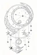 Using the constellation for cancer, make a mobile of a crescent moon, Saturn, and mercury hanging from the constellation tattoo design idea