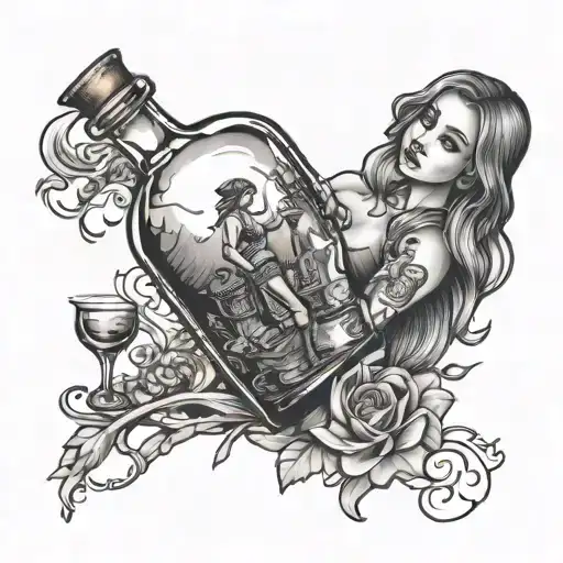 girl trapped in a bottle of whiskey tattoo design idea