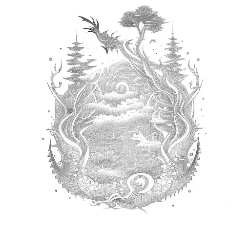 simple fine line tattoo design of a whimiscal open book with dragons, fairies, flowers, trees, vines, fantasy esc things tattoo design idea