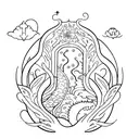 simple fine line tattoo design of a whimiscal open book with dragons, fairies, flowers, trees, vines, fantasy esc things tattoo design idea