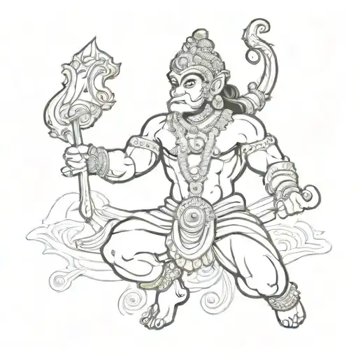 A tattoo featuring Lord Hanuman in a dynamic and powerful pose, showcasing his strength and devotion tattoo design idea