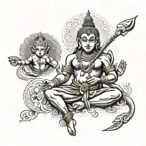 A tattoo featuring Lord Hanuman, Lord Shiva, Lord Vishnu, Lord Brahma, Lord Ganesh in symbolic form  tattoo design idea