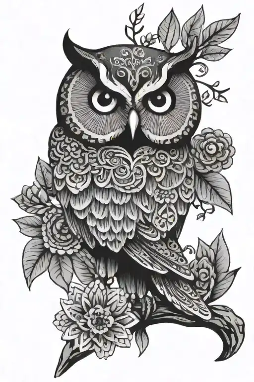 owl on branch with mandalas  tattoo design idea