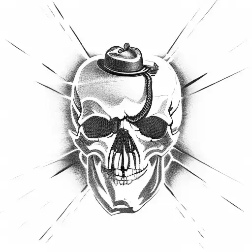 A menacing skull wearing a director's hat, surrounded by film reels and a clapperboard tattoo design idea