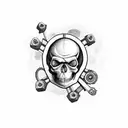 A menacing skull wearing a director's hat, surrounded by film reels and a clapperboard tattoo design idea