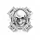 A menacing skull wearing a director's hat, surrounded by film reels and a clapperboard tattoo design idea